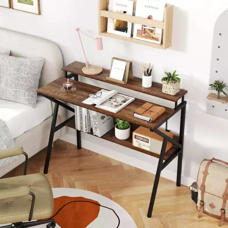 Scrivania con Supporto Monitor, Ripiano Aperto e Struttura in Metallo, Gancio per Cuffie Bianco/Marrone/Nero/Rosa