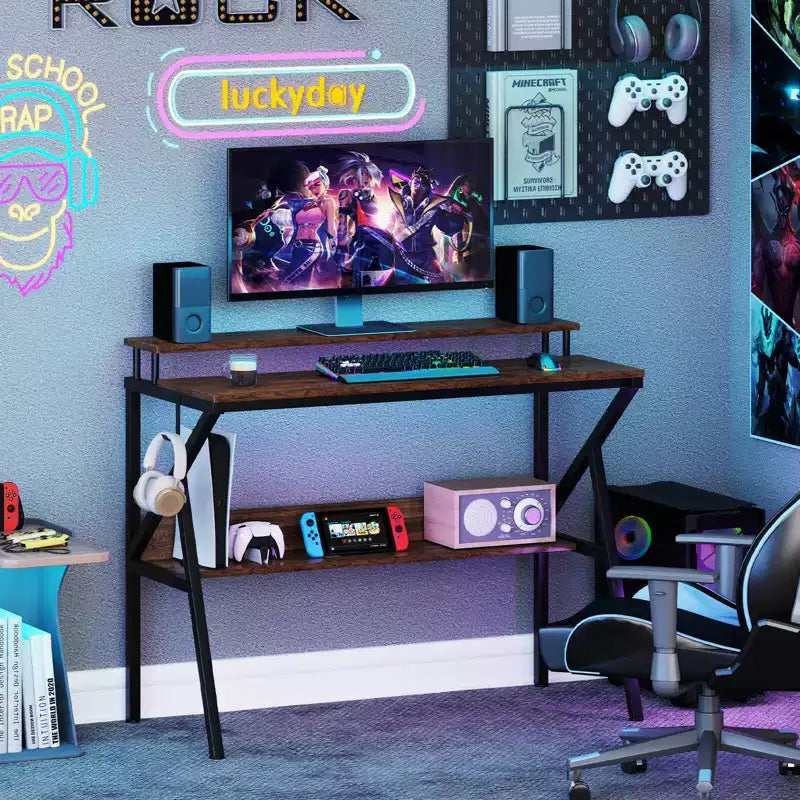 Scrivania con Supporto Monitor, Ripiano Aperto e Struttura in Metallo, Gancio per Cuffie Bianco/Marrone/Nero/Rosa