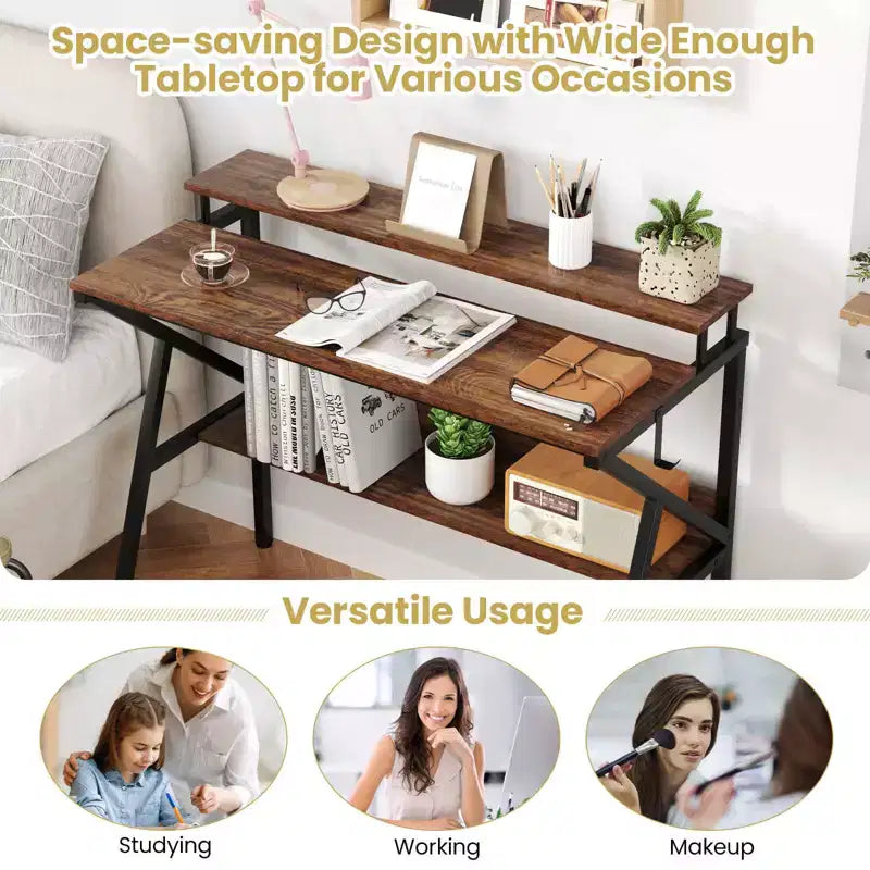 Scrivania con Supporto Monitor, Ripiano Aperto e Struttura in Metallo, Gancio per Cuffie Bianco/Marrone/Nero/Rosa