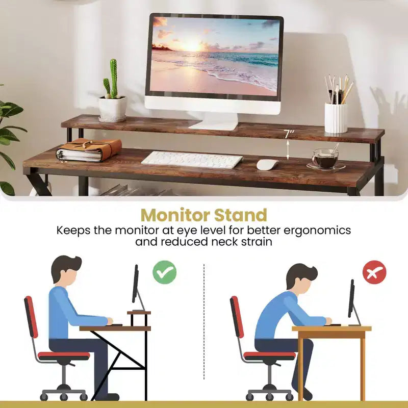 Scrivania con Supporto Monitor, Ripiano Aperto e Struttura in Metallo, Gancio per Cuffie Bianco/Marrone/Nero/Rosa