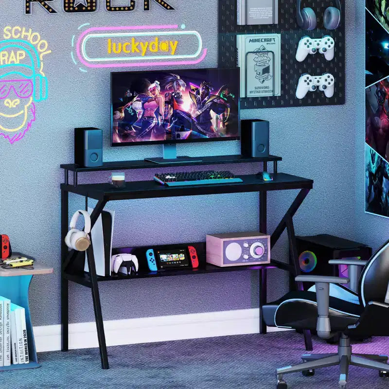 Scrivania con Supporto Monitor, Ripiano Aperto e Struttura in Metallo, Gancio per Cuffie Bianco/Marrone/Nero/Rosa