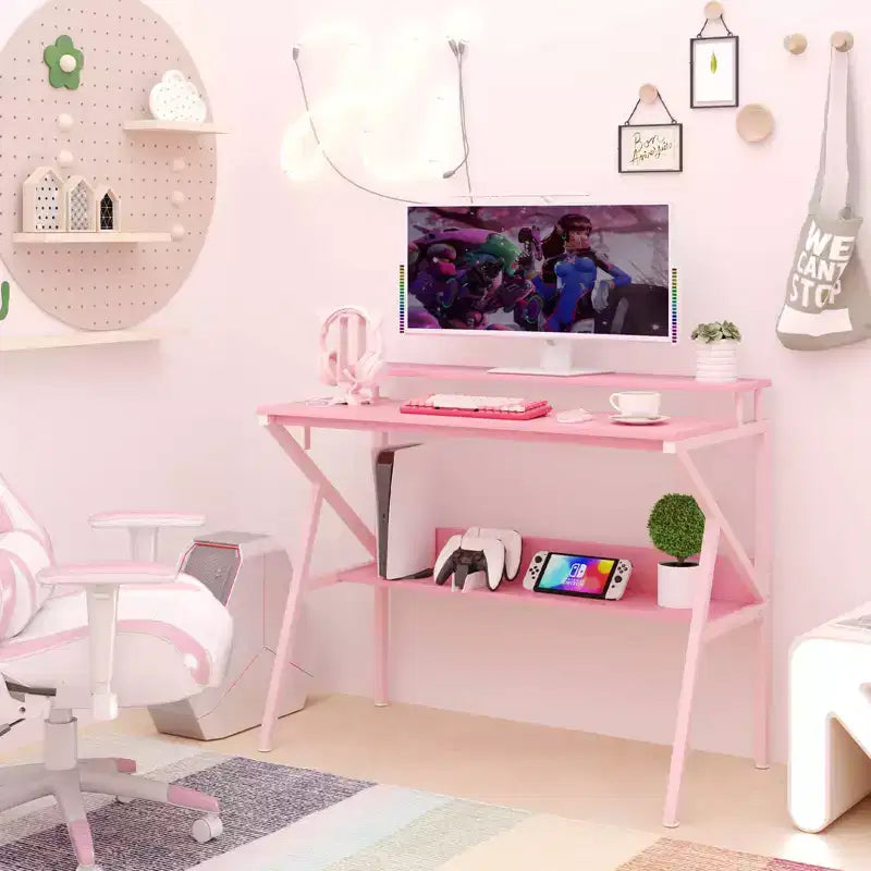 Scrivania con Supporto Monitor, Ripiano Aperto e Struttura in Metallo, Gancio per Cuffie Bianco/Marrone/Nero/Rosa