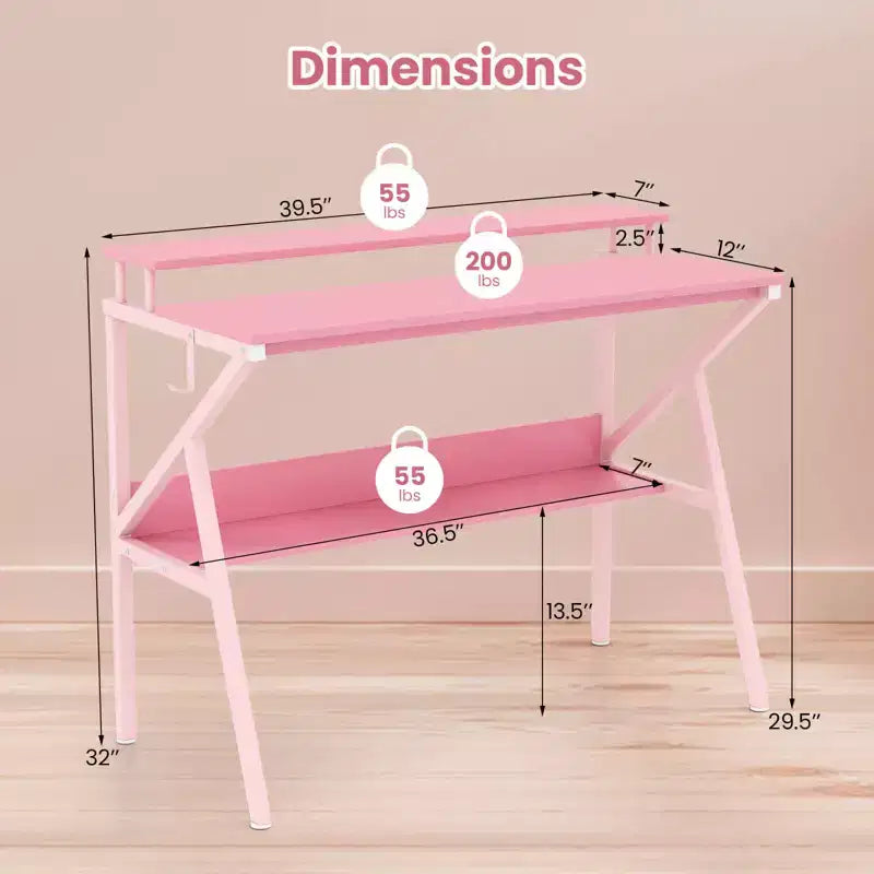 Scrivania con Supporto Monitor, Ripiano Aperto e Struttura in Metallo, Gancio per Cuffie Bianco/Marrone/Nero/Rosa