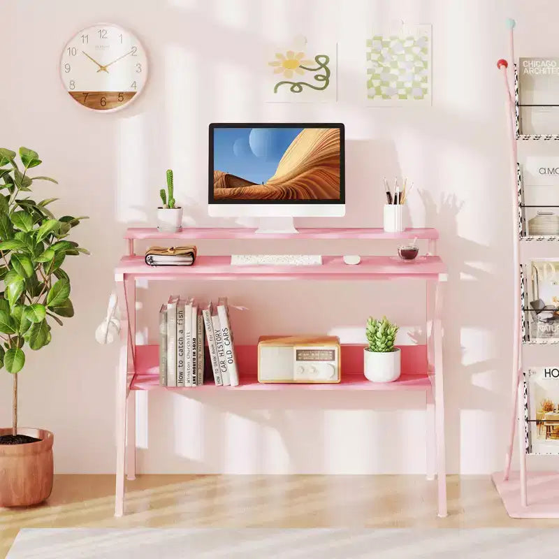 Scrivania con Supporto Monitor, Ripiano Aperto e Struttura in Metallo, Gancio per Cuffie Bianco/Marrone/Nero/Rosa