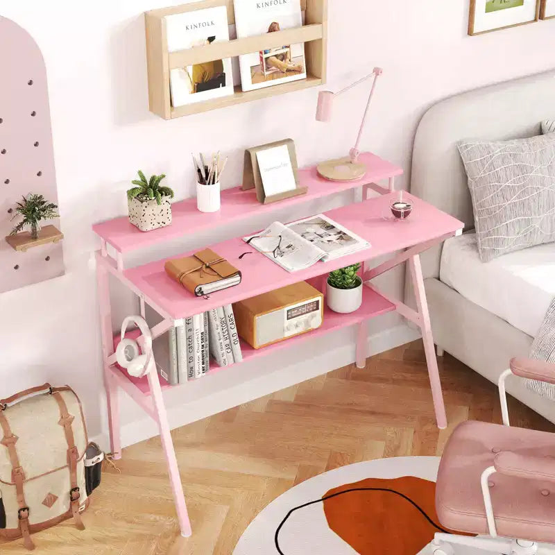 Scrivania con Supporto Monitor, Ripiano Aperto e Struttura in Metallo, Gancio per Cuffie Bianco/Marrone/Nero/Rosa
