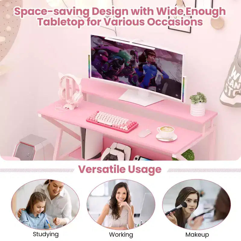 Scrivania con Supporto Monitor, Ripiano Aperto e Struttura in Metallo, Gancio per Cuffie Bianco/Marrone/Nero/Rosa