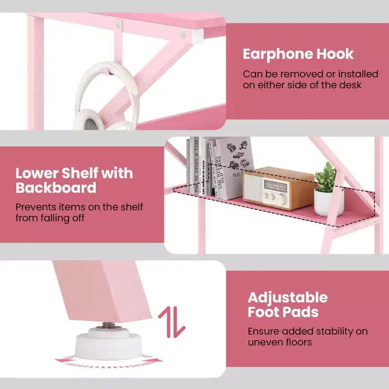 Scrivania con Supporto Monitor, Ripiano Aperto e Struttura in Metallo, Gancio per Cuffie Bianco/Marrone/Nero/Rosa