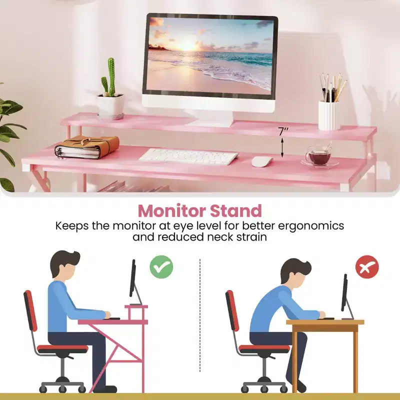 Scrivania con Supporto Monitor, Ripiano Aperto e Struttura in Metallo, Gancio per Cuffie Bianco/Marrone/Nero/Rosa