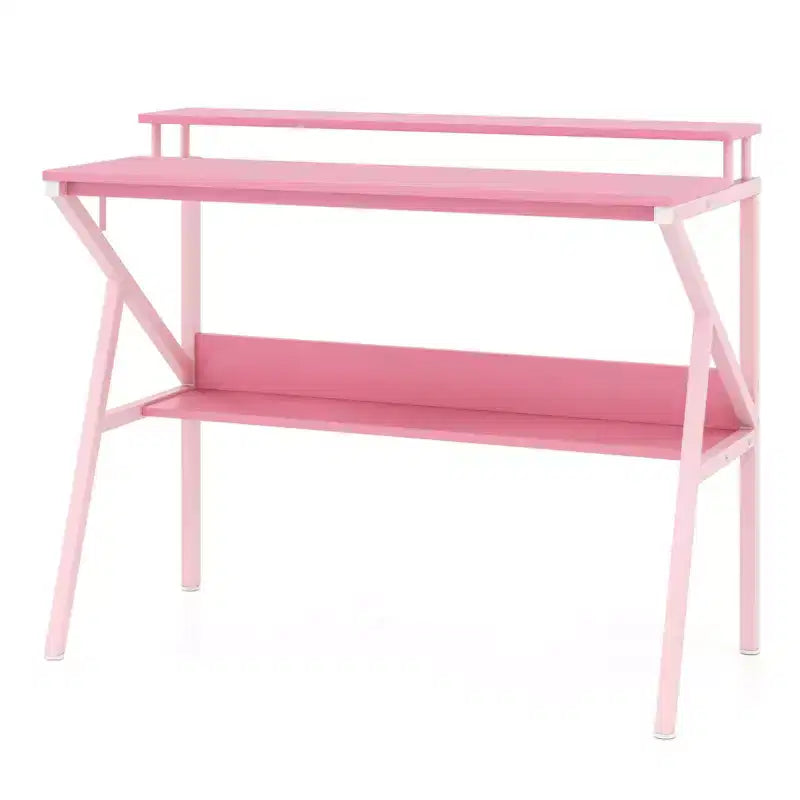 Scrivania con Supporto Monitor, Ripiano Aperto e Struttura in Metallo, Gancio per Cuffie Bianco/Marrone/Nero/Rosa