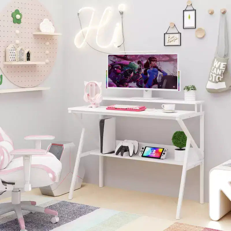 Scrivania con Supporto Monitor, Ripiano Aperto e Struttura in Metallo, Gancio per Cuffie Bianco/Marrone/Nero/Rosa