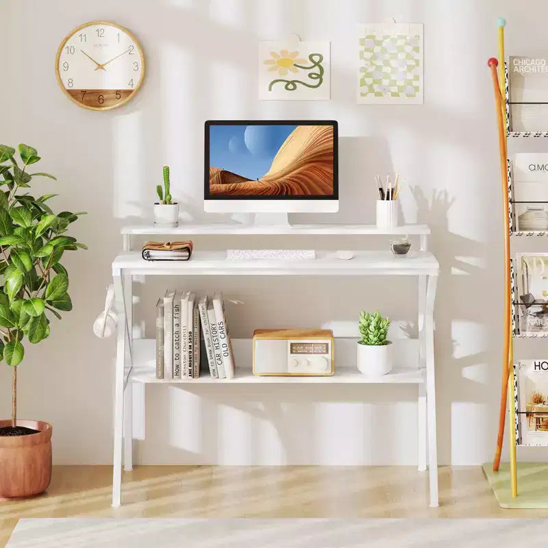 Scrivania con Supporto Monitor, Ripiano Aperto e Struttura in Metallo, Gancio per Cuffie Bianco/Marrone/Nero/Rosa