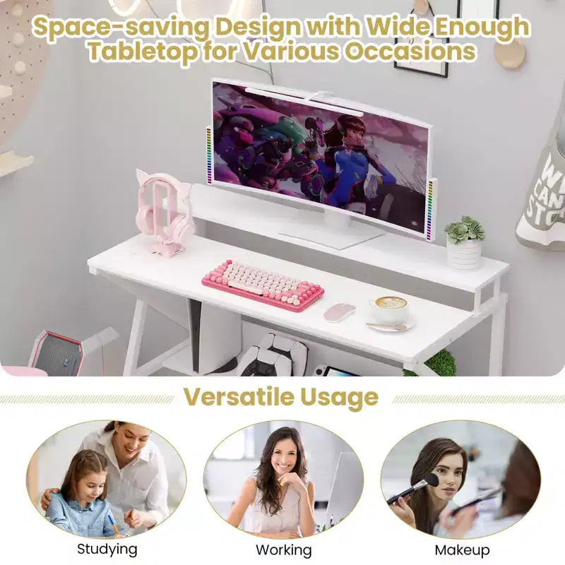 Scrivania con Supporto Monitor, Ripiano Aperto e Struttura in Metallo, Gancio per Cuffie Bianco/Marrone/Nero/Rosa