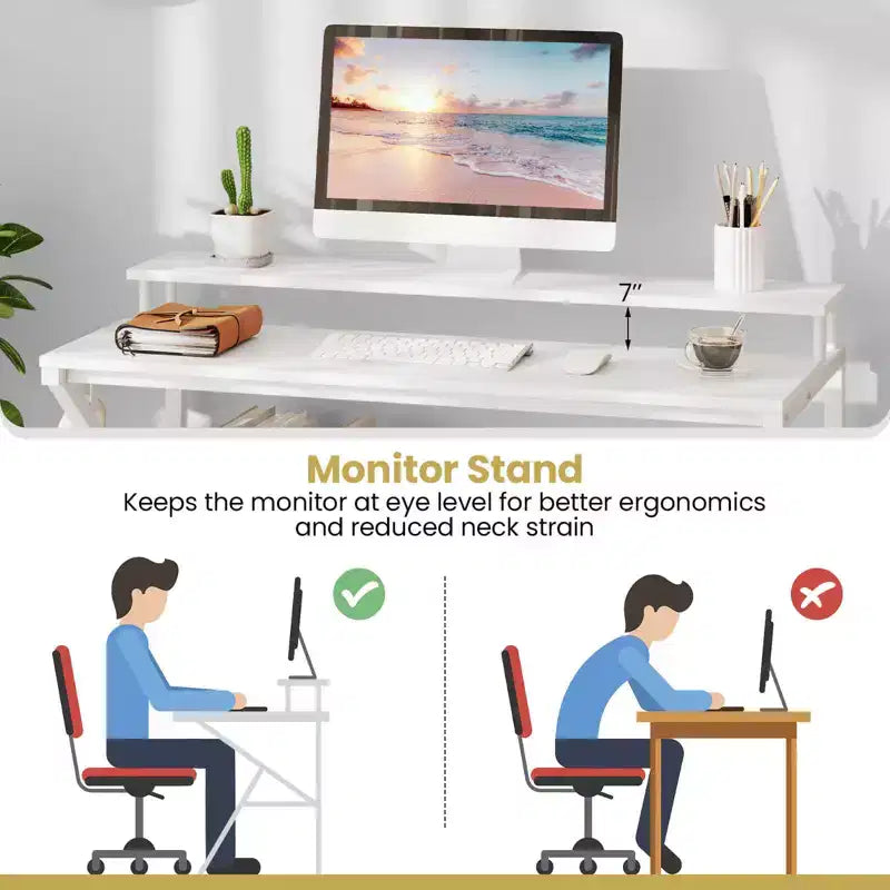 Scrivania con Supporto Monitor, Ripiano Aperto e Struttura in Metallo, Gancio per Cuffie Bianco/Marrone/Nero/Rosa