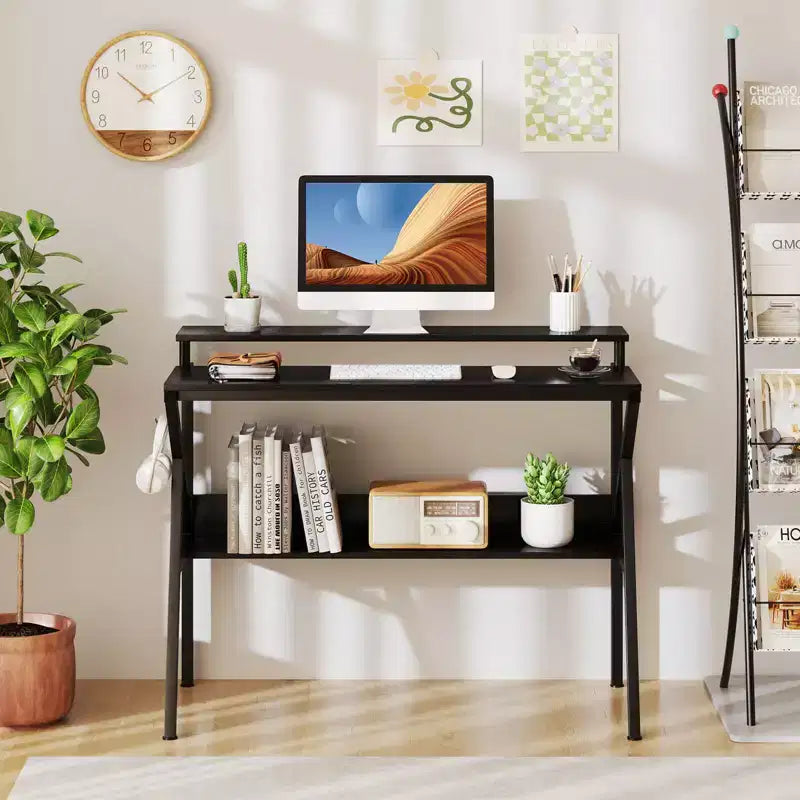 Scrivania con Supporto Monitor, Ripiano Aperto e Struttura in Metallo, Gancio per Cuffie Bianco/Marrone/Nero/Rosa