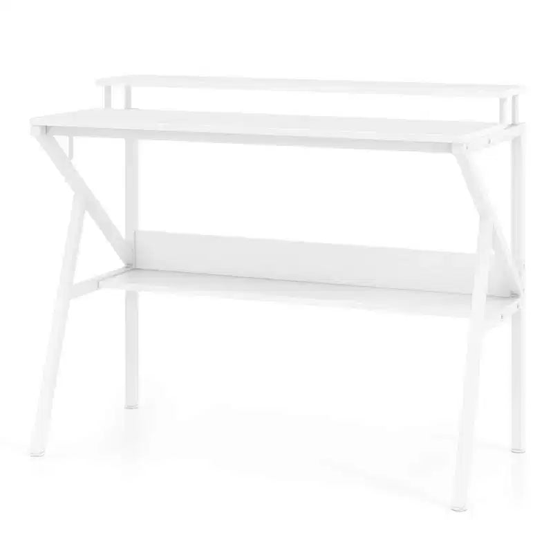 Scrivania con Supporto Monitor, Ripiano Aperto e Struttura in Metallo, Gancio per Cuffie Bianco/Marrone/Nero/Rosa