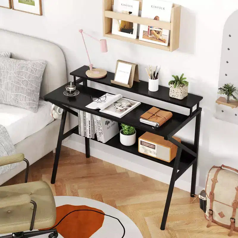 Scrivania con Supporto Monitor, Ripiano Aperto e Struttura in Metallo, Gancio per Cuffie Bianco/Marrone/Nero/Rosa