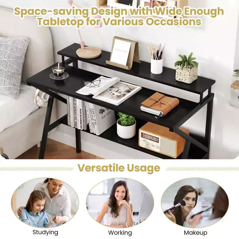 Scrivania con Supporto Monitor, Ripiano Aperto e Struttura in Metallo, Gancio per Cuffie Bianco/Marrone/Nero/Rosa