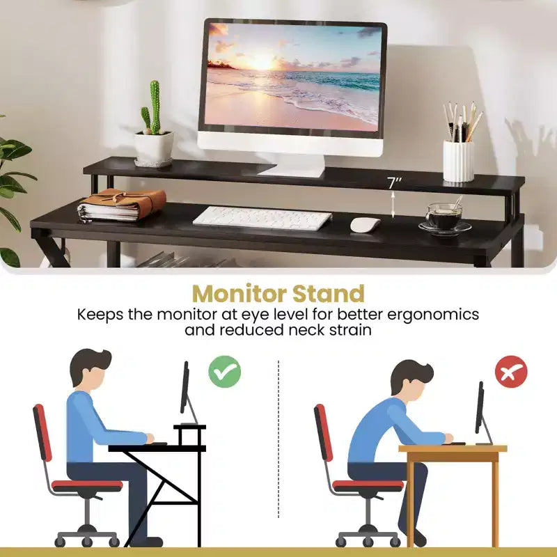 Scrivania con Supporto Monitor, Ripiano Aperto e Struttura in Metallo, Gancio per Cuffie Bianco/Marrone/Nero/Rosa