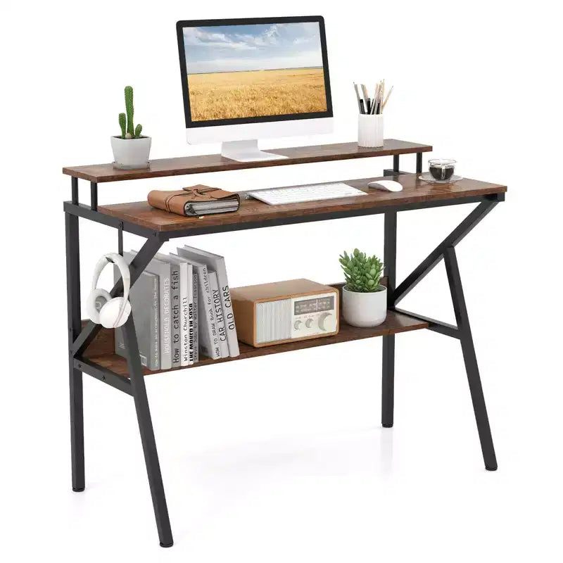 Scrivania con Supporto Monitor, Ripiano Aperto e Struttura in Metallo, Gancio per Cuffie Bianco/Marrone/Nero/Rosa