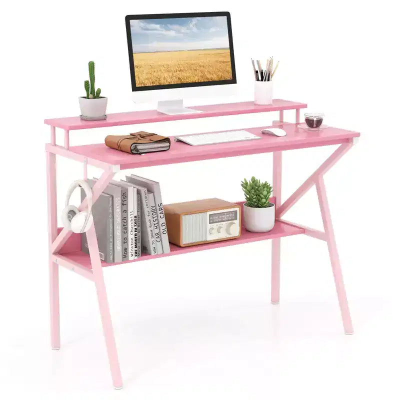 Scrivania con Supporto Monitor, Ripiano Aperto e Struttura in Metallo, Gancio per Cuffie Bianco/Marrone/Nero/Rosa