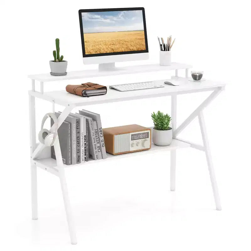 Scrivania con Supporto Monitor, Ripiano Aperto e Struttura in Metallo, Gancio per Cuffie Bianco/Marrone/Nero/Rosa