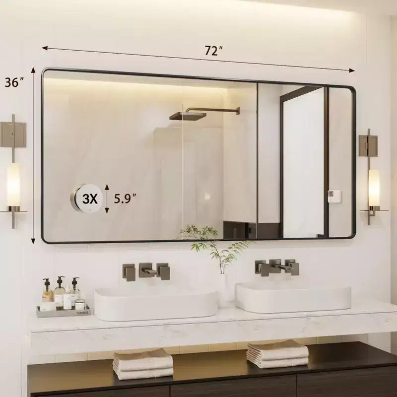 Specchio da bagno con cornice, specchio da parete rettangolare arrotondato per mobile lavabo, orizzontale/verticale