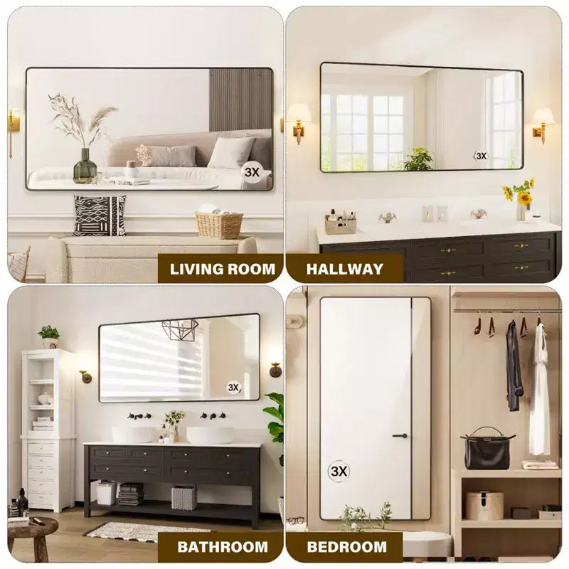 Specchio da bagno con cornice, specchio da parete rettangolare arrotondato per mobile lavabo, orizzontale/verticale