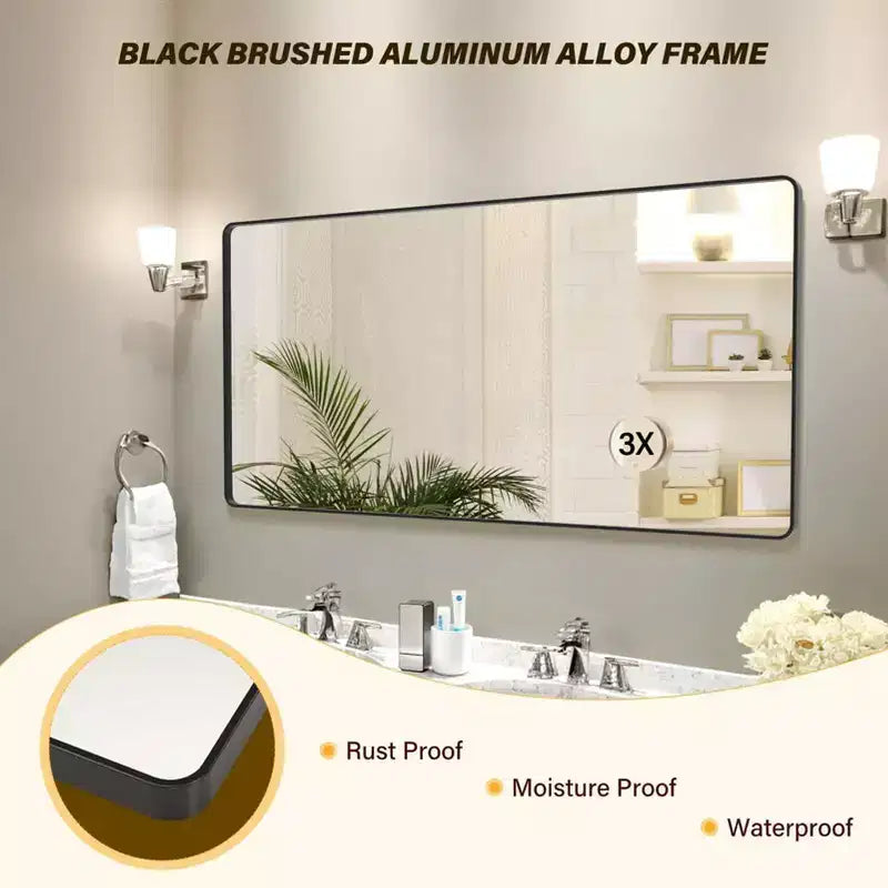 Specchio da bagno con cornice, specchio da parete rettangolare arrotondato per mobile lavabo, orizzontale/verticale
