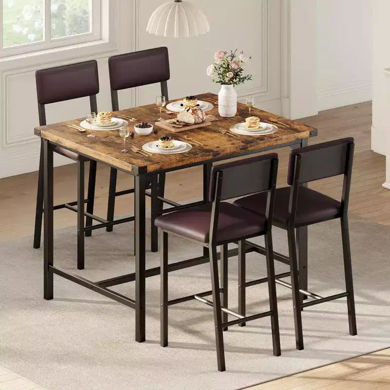 Set da 4, Set da Tavolo da Cucina da 5 Pezzi con Schienale, Tavolo da Bar con 4 Sgabelli da Bar Imbottiti per Sala da Pranzo