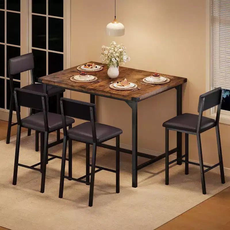 Set da 4, Set da Tavolo da Cucina da 5 Pezzi con Schienale, Tavolo da Bar con 4 Sgabelli da Bar Imbottiti per Sala da Pranzo