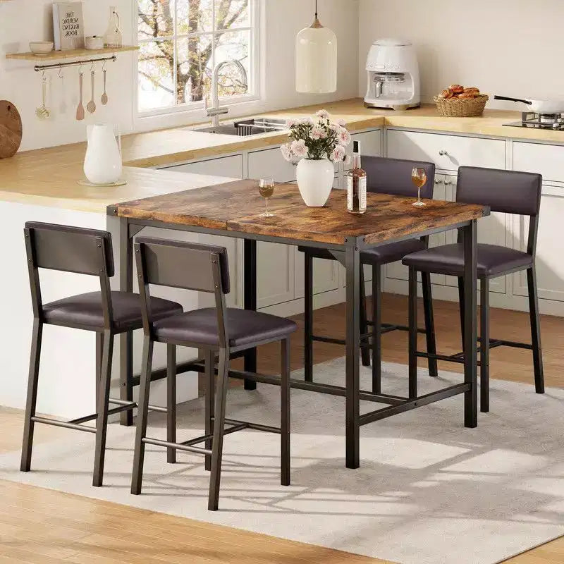 Set da 4, Set da Tavolo da Cucina da 5 Pezzi con Schienale, Tavolo da Bar con 4 Sgabelli da Bar Imbottiti per Sala da Pranzo