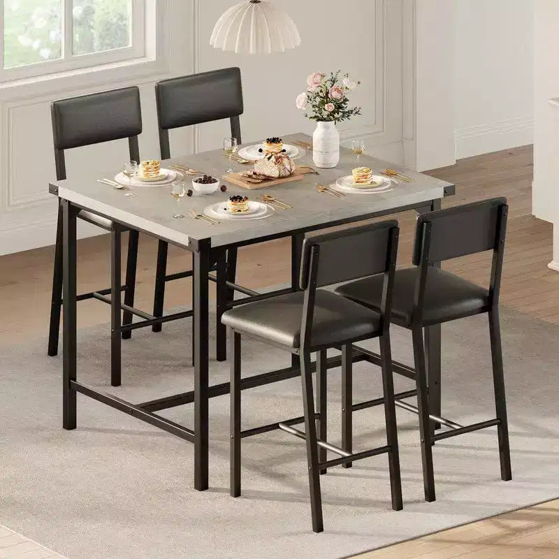Set da 4, Set da Tavolo da Cucina da 5 Pezzi con Schienale, Tavolo da Bar con 4 Sgabelli da Bar Imbottiti per Sala da Pranzo