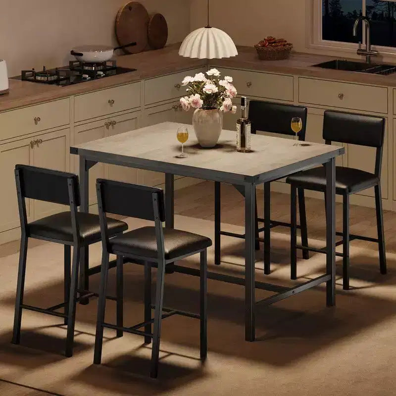 Set da 4, Set da Tavolo da Cucina da 5 Pezzi con Schienale, Tavolo da Bar con 4 Sgabelli da Bar Imbottiti per Sala da Pranzo