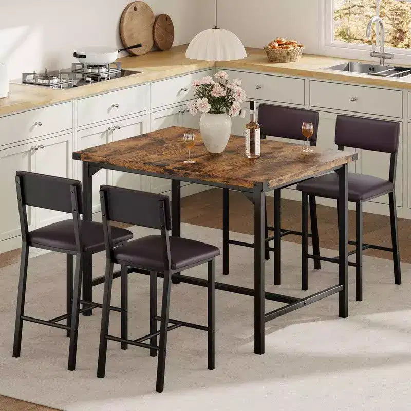 Set da 4, Set da Tavolo da Cucina da 5 Pezzi con Schienale, Tavolo da Bar con 4 Sgabelli da Bar Imbottiti per Sala da Pranzo