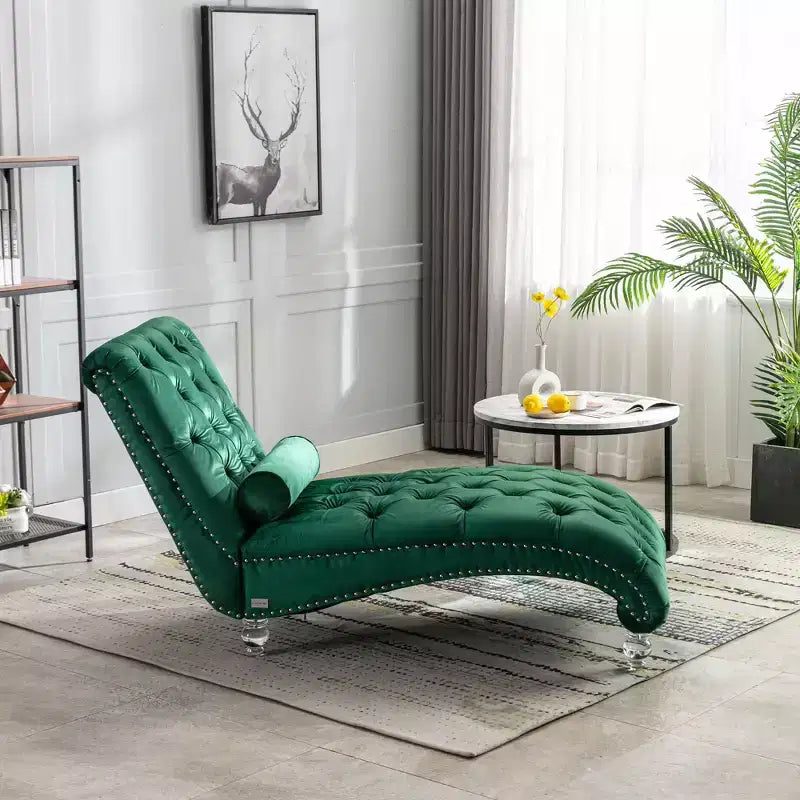 Chaise longue imbottita con bottoni e piedini trasparenti, comoda poltrona per camera da letto, soggiorno, ufficio