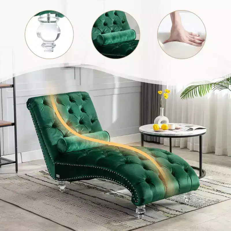 Chaise longue imbottita con bottoni e piedini trasparenti, comoda poltrona per camera da letto, soggiorno, ufficio