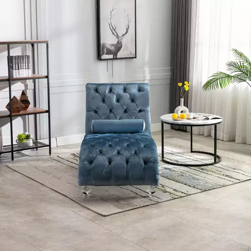 Chaise longue imbottita con bottoni e piedini trasparenti, comoda poltrona per camera da letto, soggiorno, ufficio