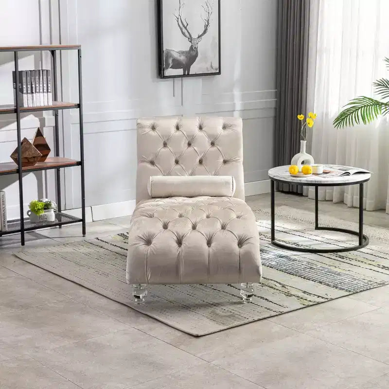 Chaise longue imbottita con bottoni e piedini trasparenti, comoda poltrona per camera da letto, soggiorno, ufficio