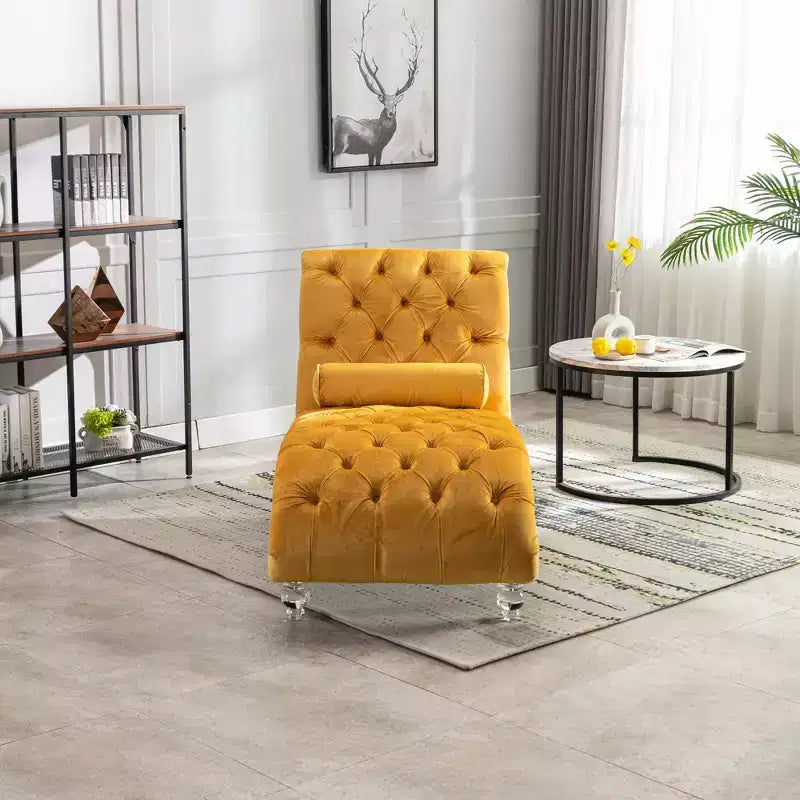 Chaise longue imbottita con bottoni e piedini trasparenti, comoda poltrona per camera da letto, soggiorno, ufficio