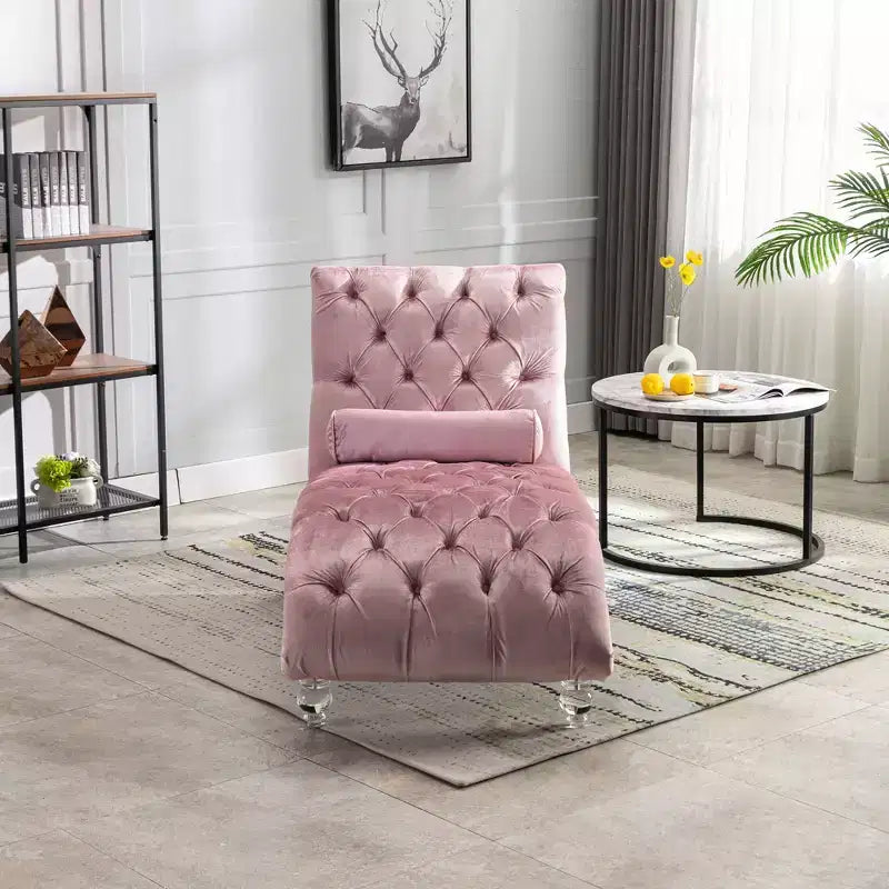Chaise longue imbottita con bottoni e piedini trasparenti, comoda poltrona per camera da letto, soggiorno, ufficio