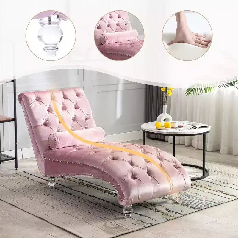 Chaise longue imbottita con bottoni e piedini trasparenti, comoda poltrona per camera da letto, soggiorno, ufficio