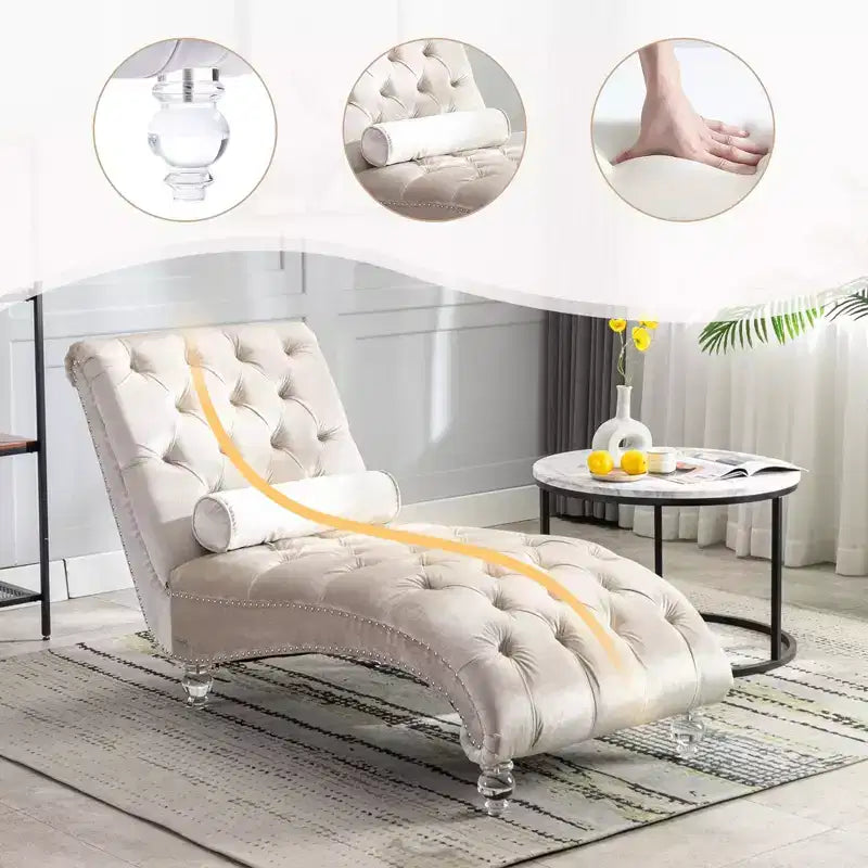 Chaise longue imbottita con bottoni e piedini trasparenti, comoda poltrona per camera da letto, soggiorno, ufficio