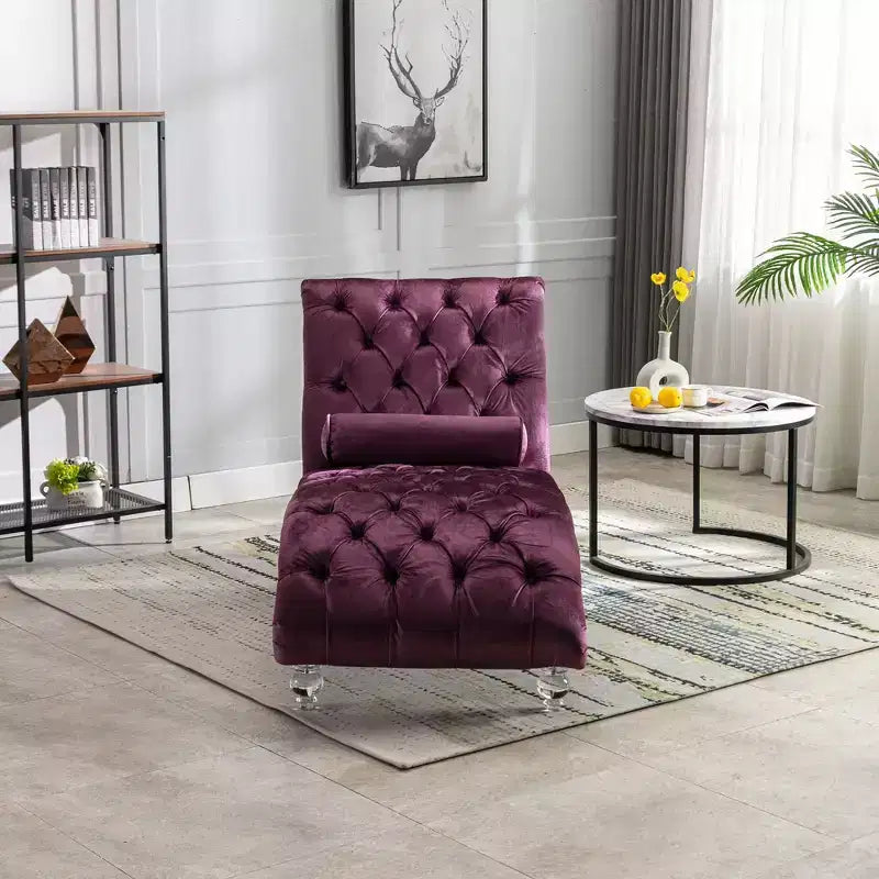Chaise longue imbottita con bottoni e piedini trasparenti, comoda poltrona per camera da letto, soggiorno, ufficio