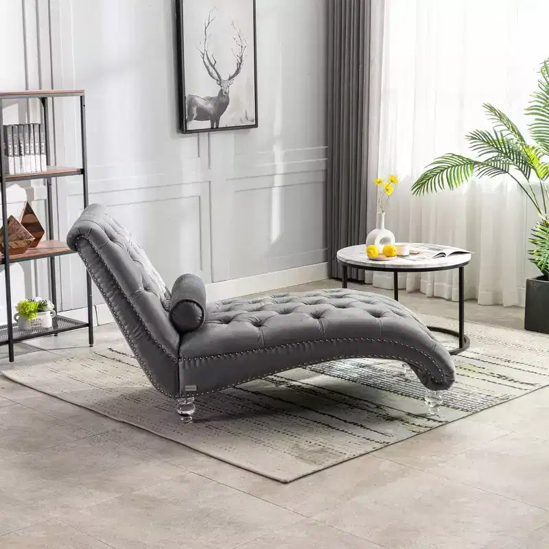 Chaise longue imbottita con bottoni e piedini trasparenti, comoda poltrona per camera da letto, soggiorno, ufficio