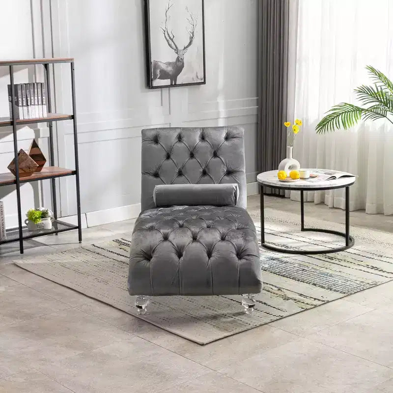 Chaise longue imbottita con bottoni e piedini trasparenti, comoda poltrona per camera da letto, soggiorno, ufficio