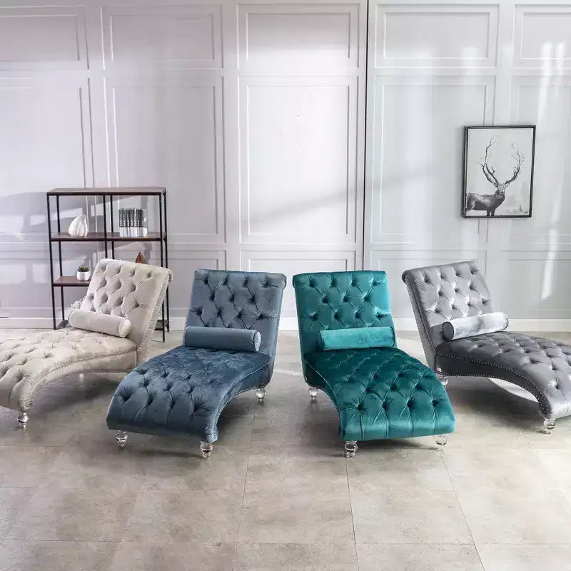 Chaise longue imbottita con bottoni e piedini trasparenti, comoda poltrona per camera da letto, soggiorno, ufficio