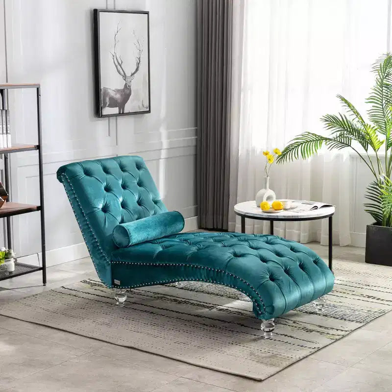 Chaise longue imbottita con bottoni e piedini trasparenti, comoda poltrona per camera da letto, soggiorno, ufficio