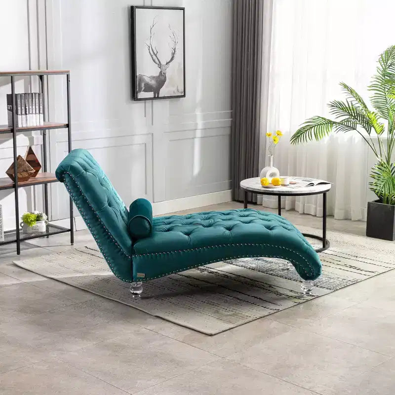 Chaise longue imbottita con bottoni e piedini trasparenti, comoda poltrona per camera da letto, soggiorno, ufficio