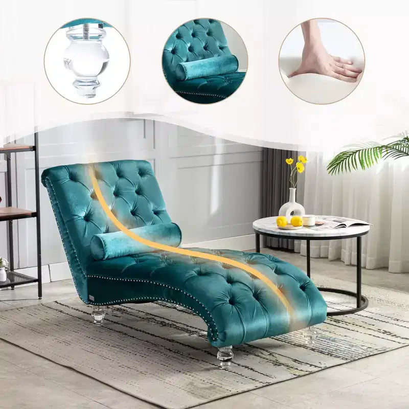 Chaise longue imbottita con bottoni e piedini trasparenti, comoda poltrona per camera da letto, soggiorno, ufficio