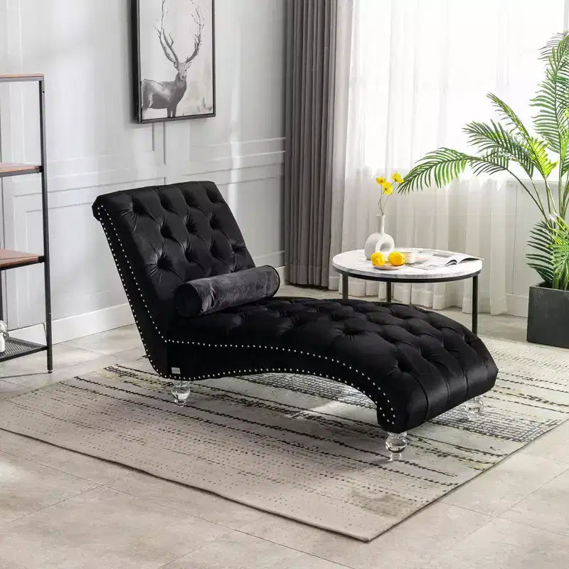 Chaise longue imbottita con bottoni e piedini trasparenti, comoda poltrona per camera da letto, soggiorno, ufficio